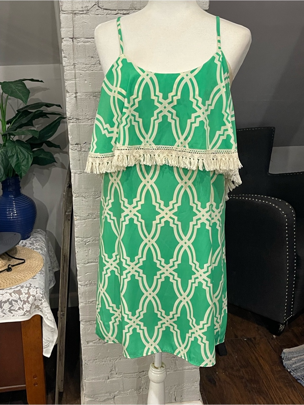 fab'rik Green & Cream Geometric Fringe Mini Dress